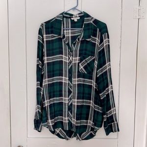 Beach Lunch Lounge Green Plaid Top With Buttons Down the Back XL/TG